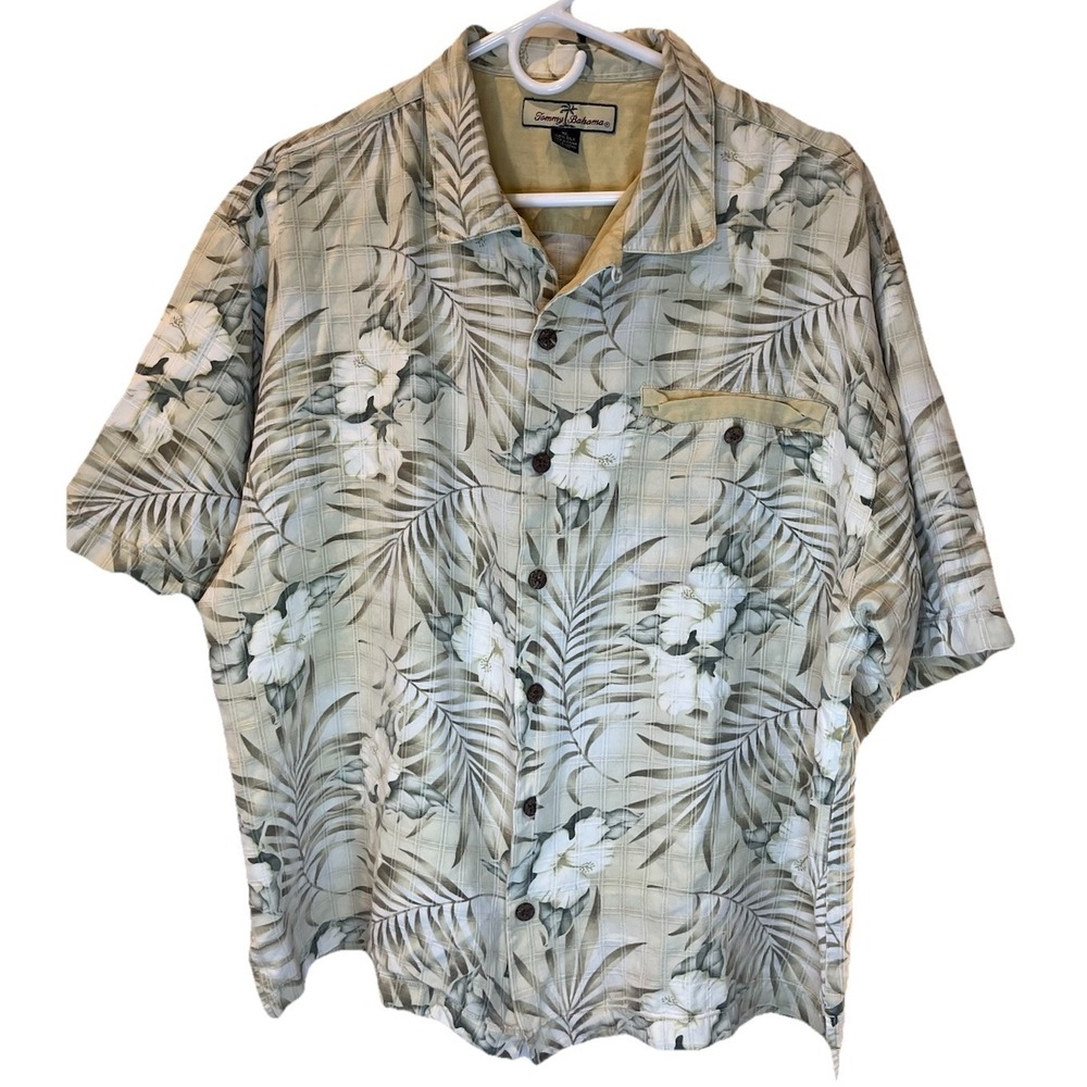 Tommy Bahama 100% Silk Hawaiian Camp Shirt Mens XL Beige Floral Tropical